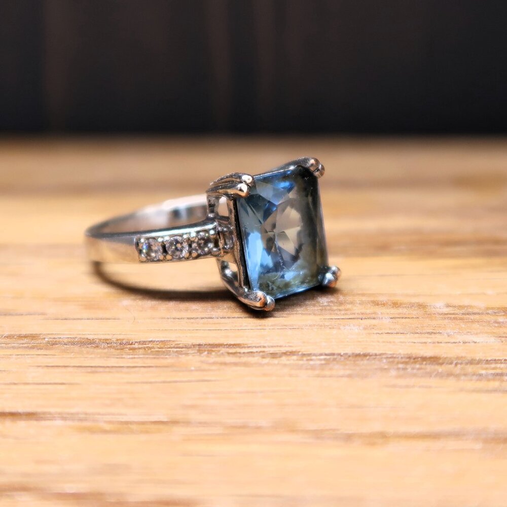 Marked 925 Silver Ring Large Light Blue Square Stone White Accents